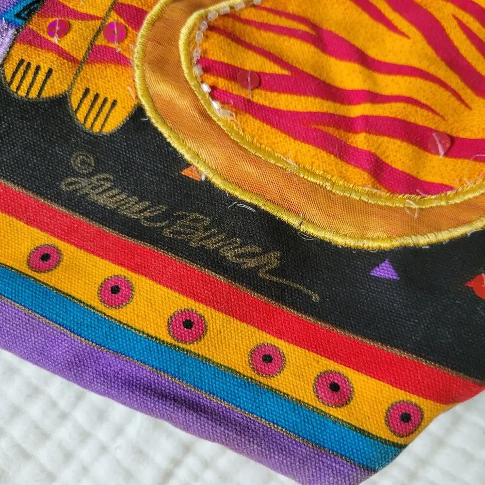 Vintage Y2K Laurel Burch Tote Bag Cats Bright Sequins Beaded 90s Artsy Colorful